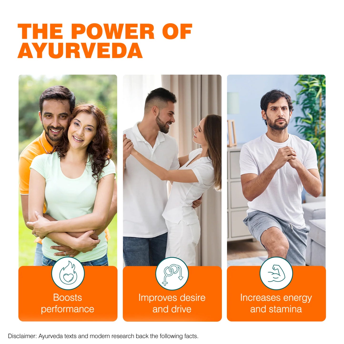 Promotional graphic about the benefits of Ayurveda with people in various settings.