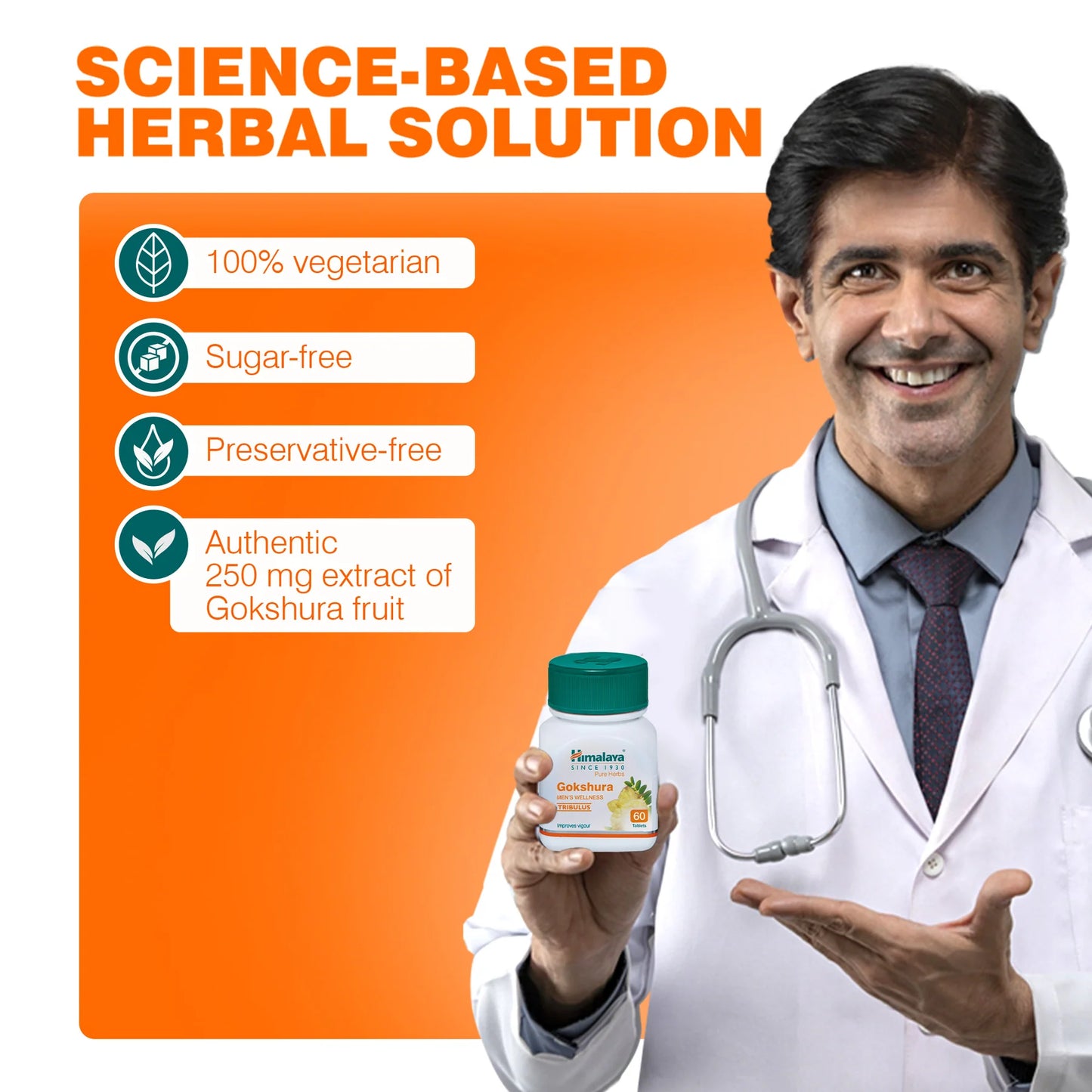 Doctor holding a bottle labeled 'Science-Based Herbal Solution' with product features on an orange background.