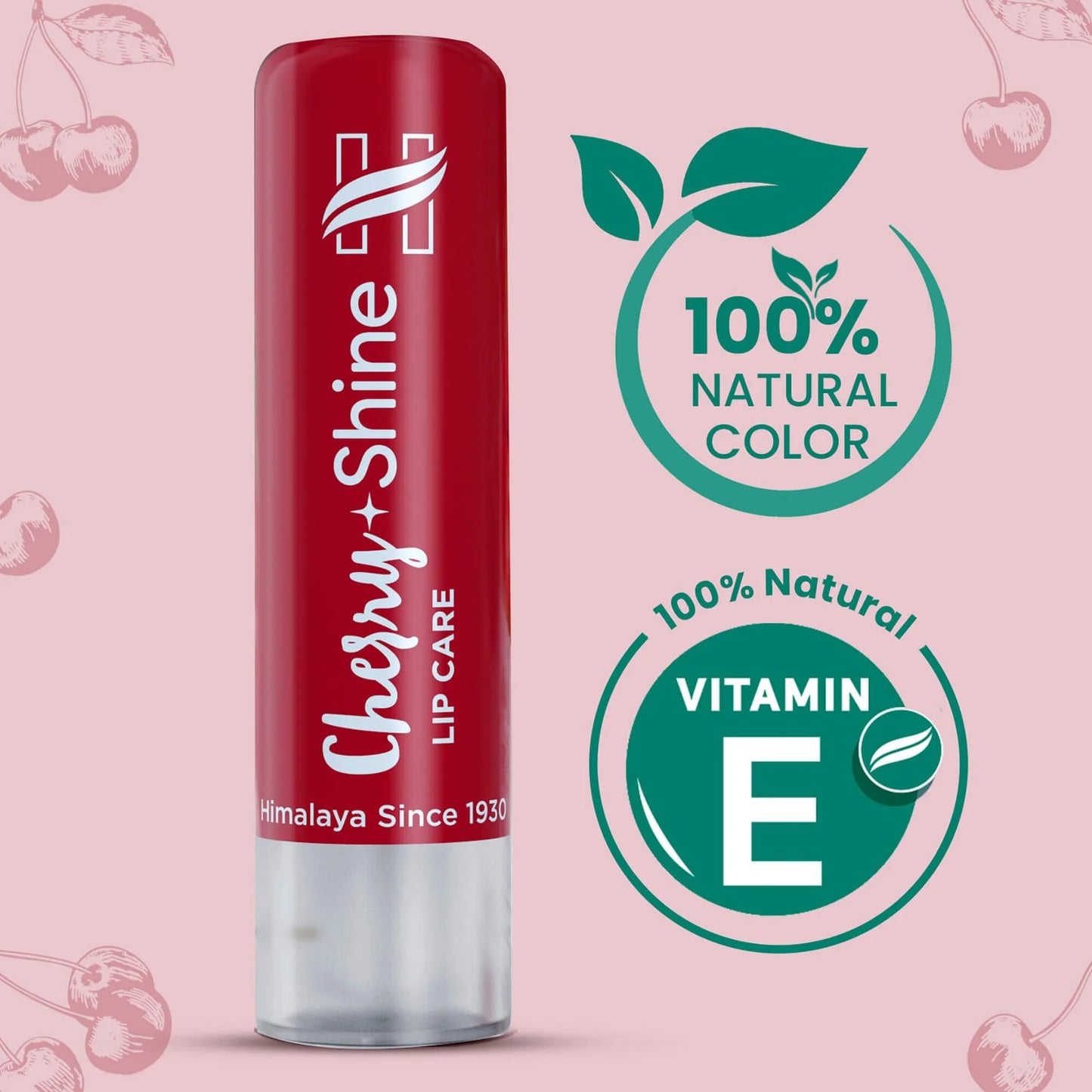 Red lip balm tube with 'Cherry Shine' branding on a pink background with cherry illustrations.