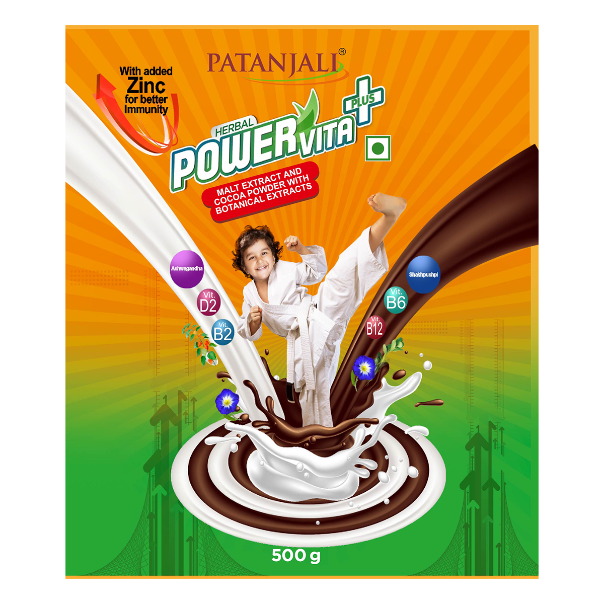 Patanjali PowerVita+ supplement packaging with a child in a martial arts pose.