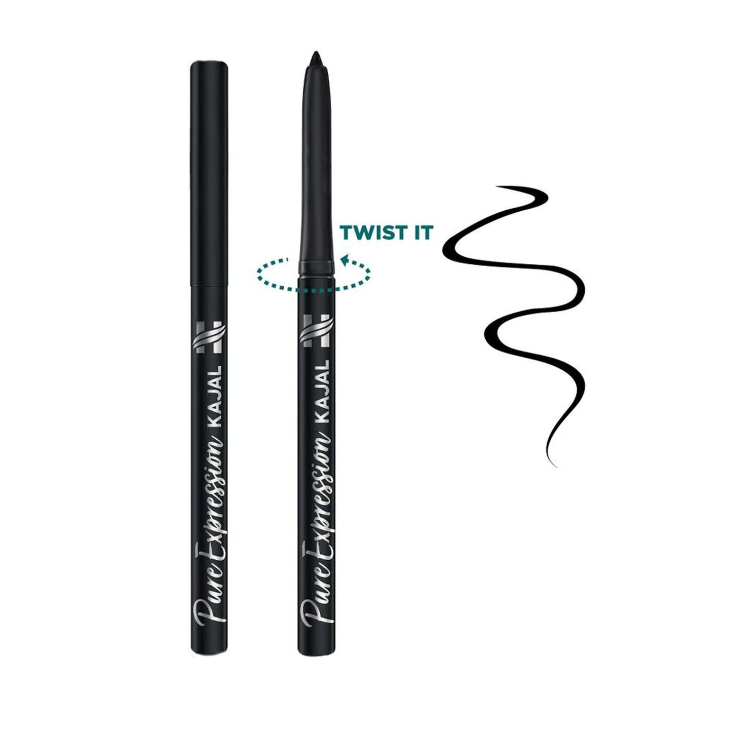 Two black eyeliner pencils with 'Pure Expressions Kajal' branding on a white background.