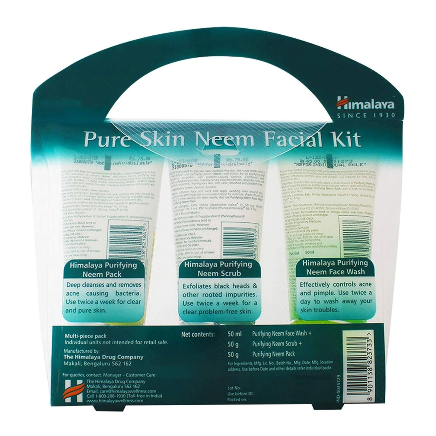 Himalaya Pure Skin Neem Facial Kit packaging with three bottles on a white background