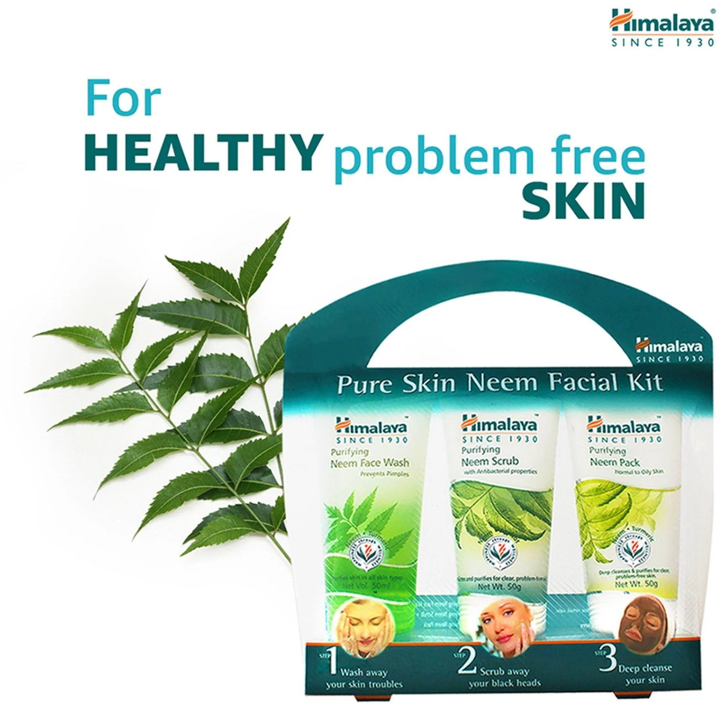 Himalaya Pure Skin Neem Facial Kit packaging with neem leaves on a white background