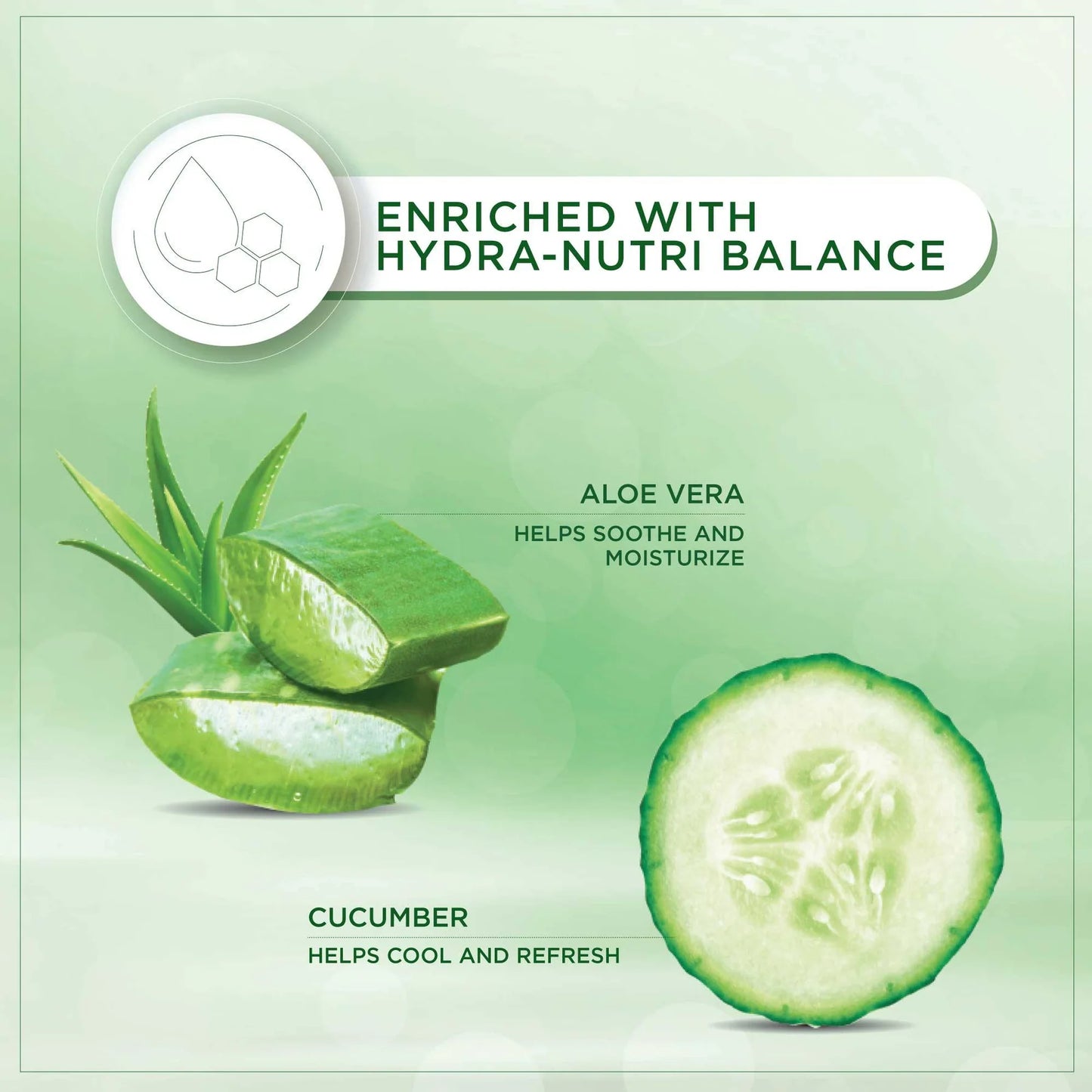 Product packaging enriched with aloe vera and cucumber on a green background