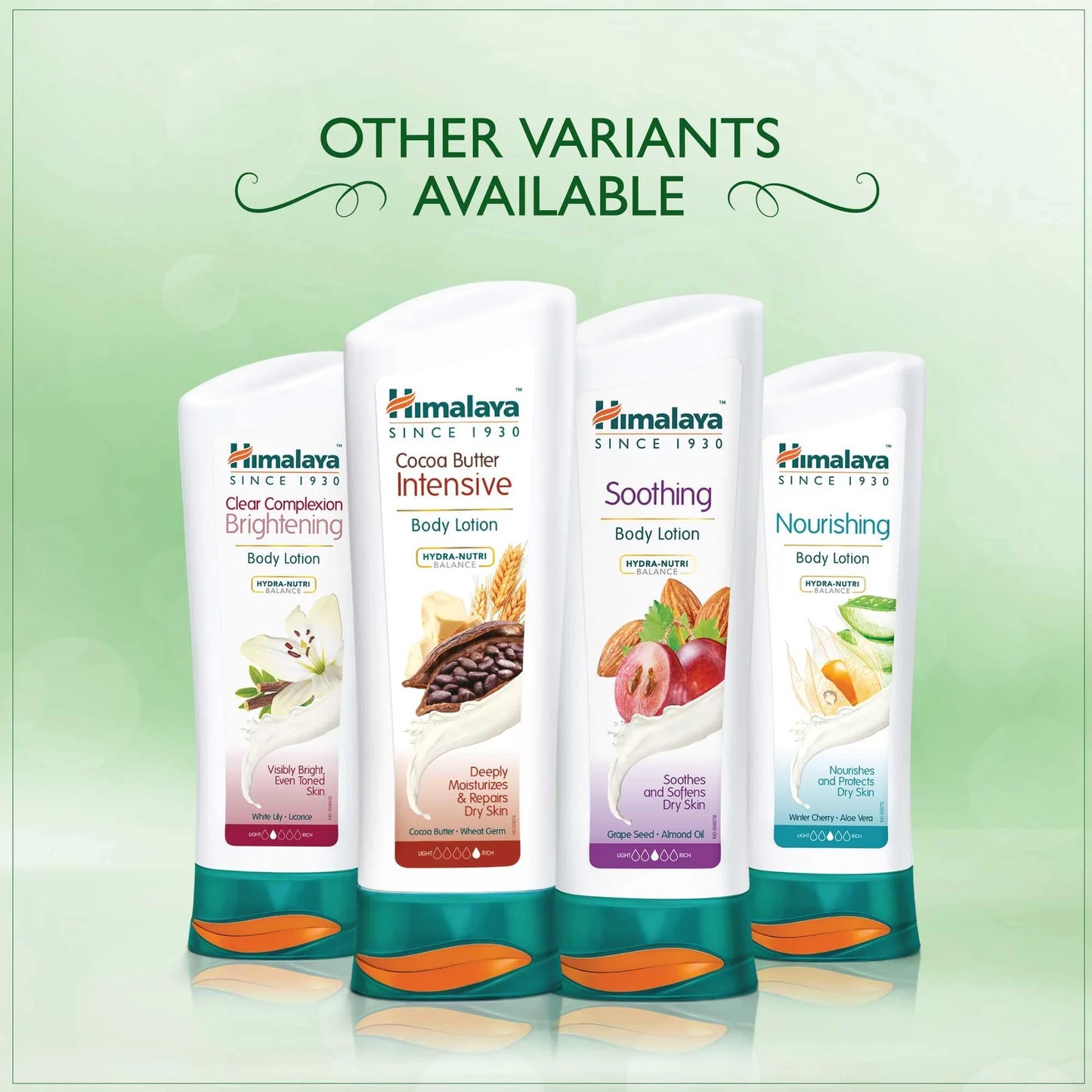 Himalaya body lotion bottles with various scents on a light green background