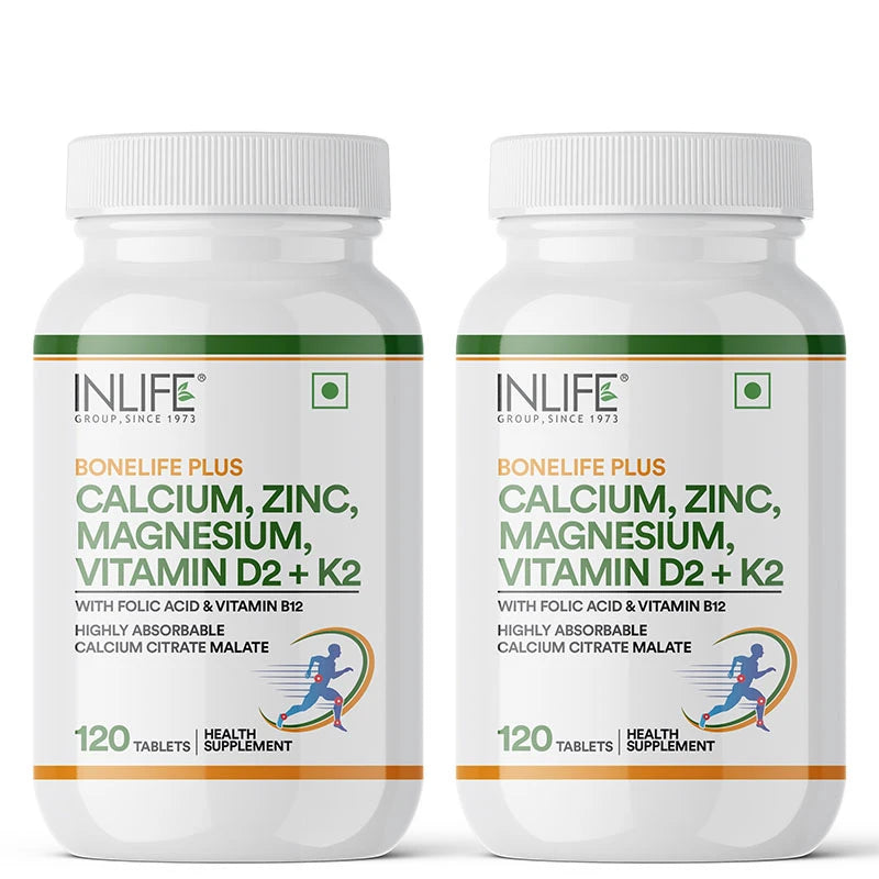 Inlife Bonelife Plus Formula | Calcium Citrate Malate, Magnesium, Zinc, Folic Acid, Vitamin D2, K2 & B12 | Supports Bone & Nutritional Health Tablets - 12