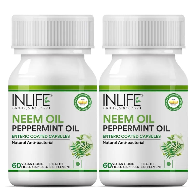 Inlife Neem & Peppermint Oil Capsules | 500mg | Enteric Coated 60 Veg. Capsules
