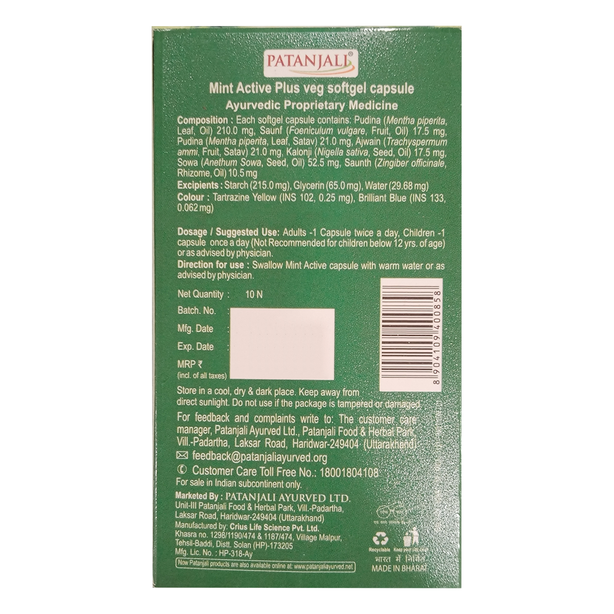 Patanjali Mint Active Plus 10 Capsules