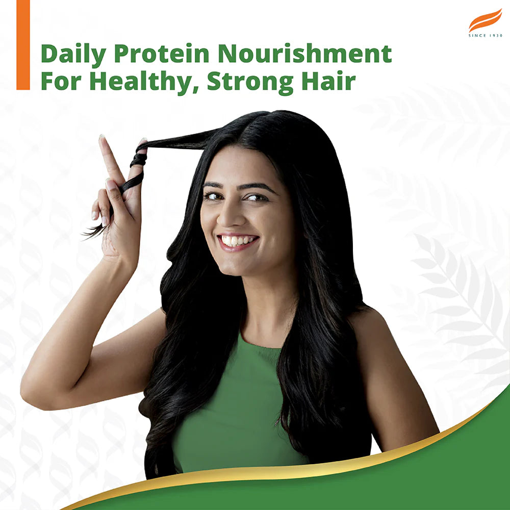 Woman with long black hair showing a peace sign, with text about daily protein nourishment for healthy hair on a white background.