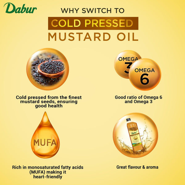 Dabur Cold Pressed Mustard Oil | Rich in Omega 3 & 6 | Healthy, Pure & Flavorful Cooking Oil