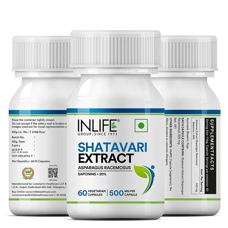Inlife Shatavari Extract (Saponins>20%), 500mg | 60 Veg. Capsules