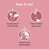 Instructions for using a diaper on a pink background with icons and text.