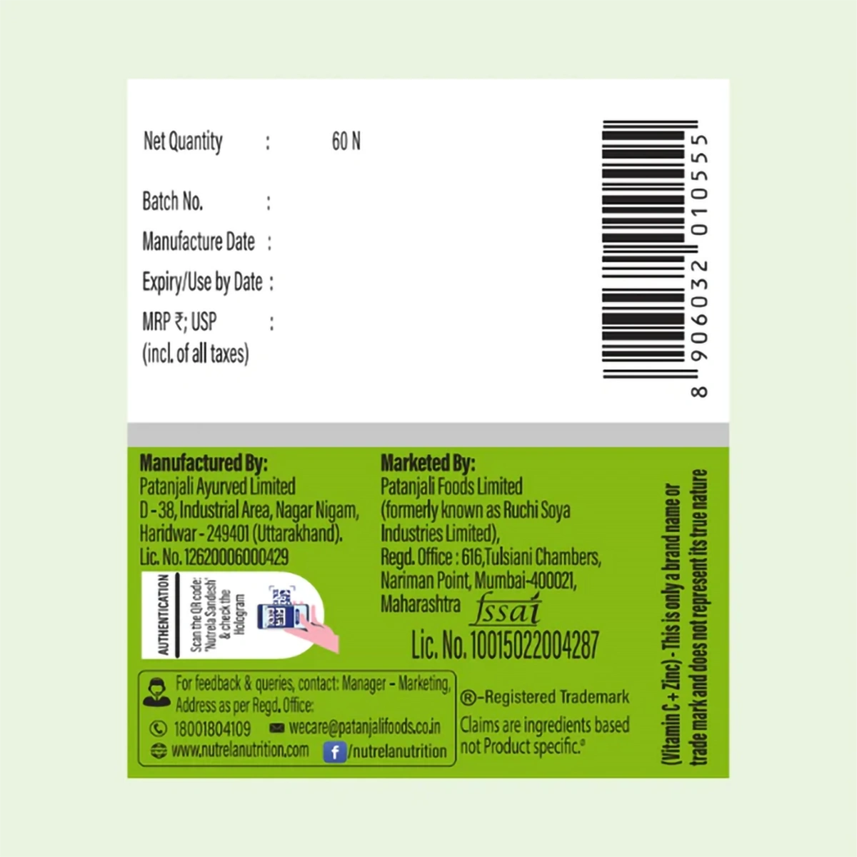 Patanjali Nutrela Vitamin C + Zinc 60 Capsules