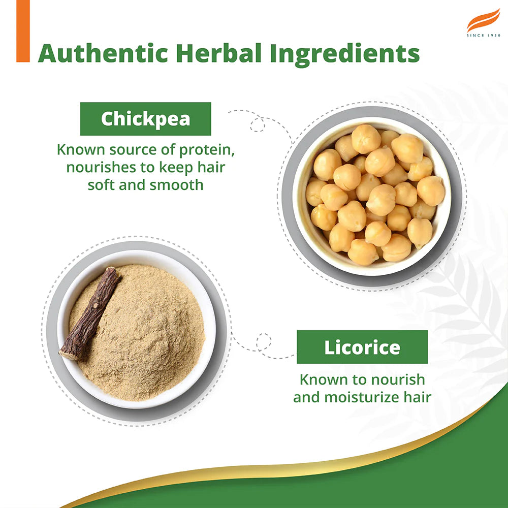 Herbal ingredients for hair care with chickpea and licorice shown.