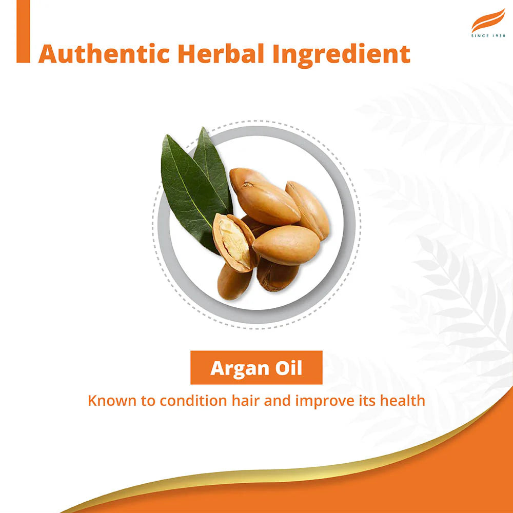 Advertisement for argan oil with nuts and leaves on a white and orange background