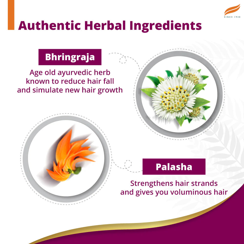 Advertisement for authentic herbal ingredients Bhringraja and Palasha with images and text on a purple background.