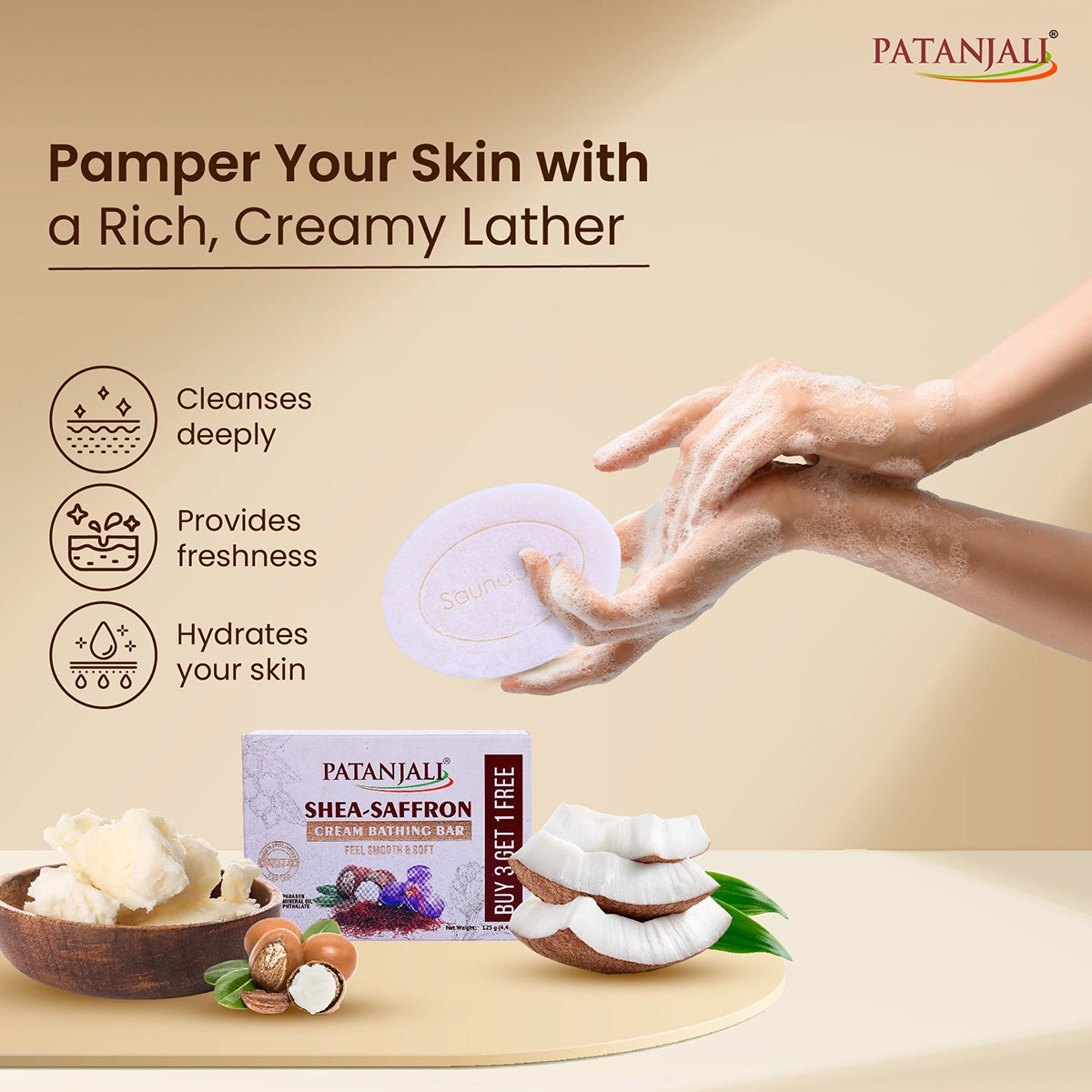 Patanjali Shea-Saffron Cream Bathing Bar 125g (Buy 3 Get 1)