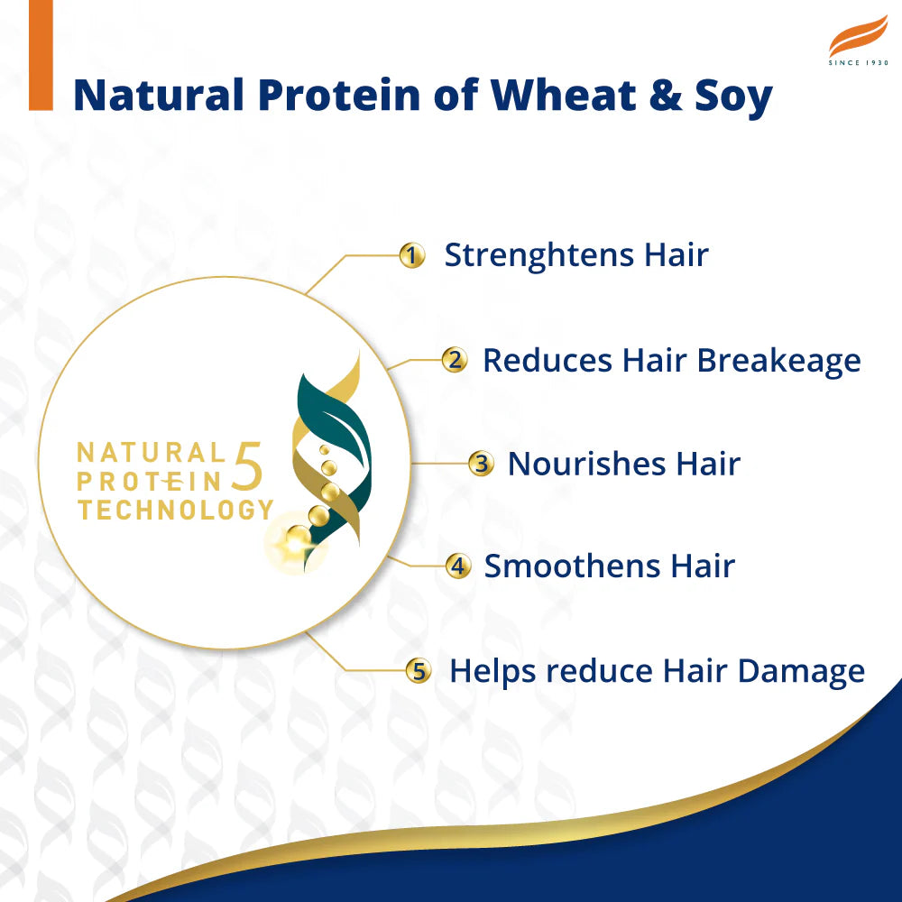Diagram of natural protein technology benefits for hair on a white background with text and logo.