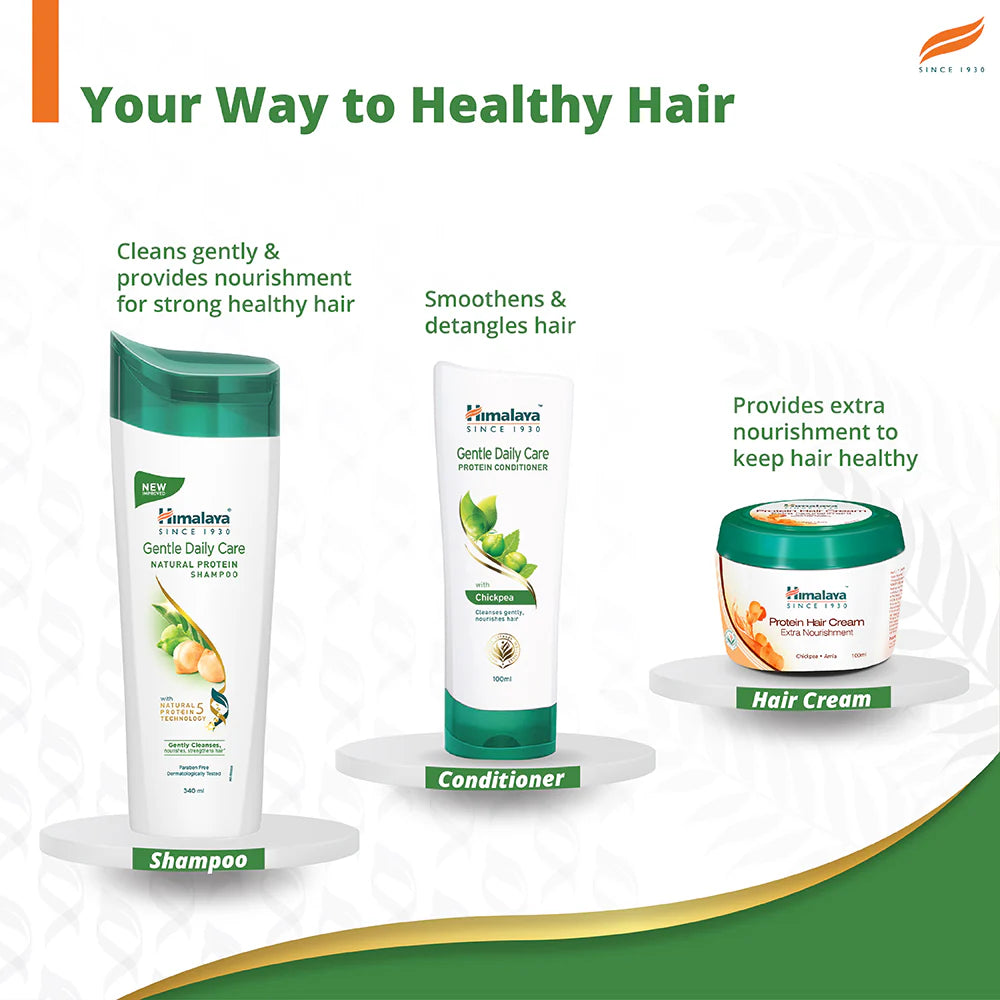 Himalaya Gentle Daily Care hair care products including shampoo, conditioner, and hair cream on a white background.