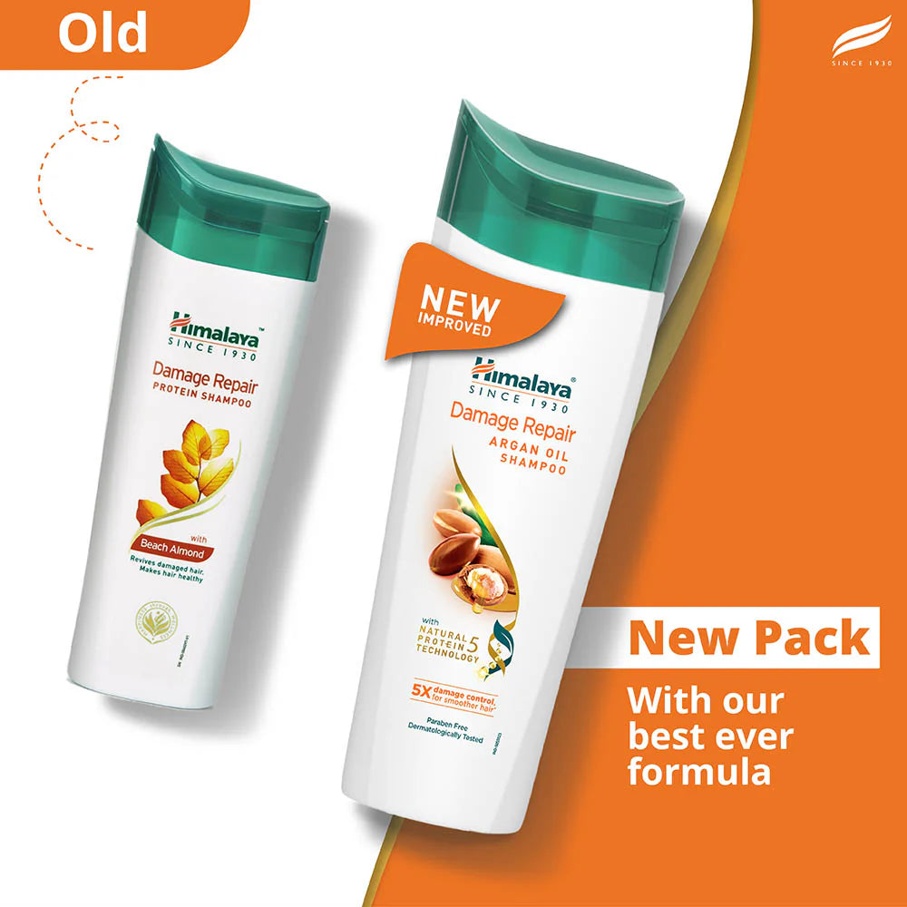 Himalaya Damage Repair Shampoo with old and new packaging on an orange and white background