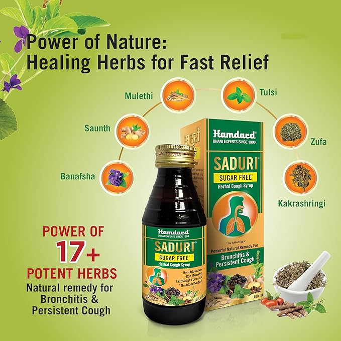 Hamedad Saduri herbal syrup with ingredients and benefits on a green background