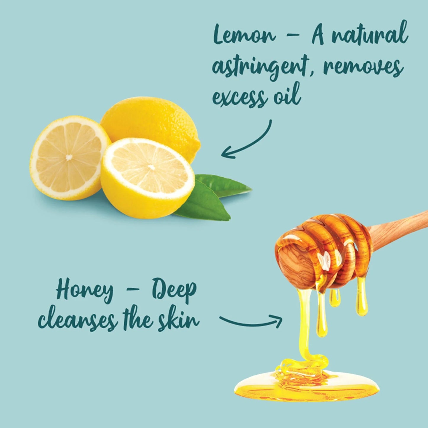 Lemons and honey with text on a light blue background