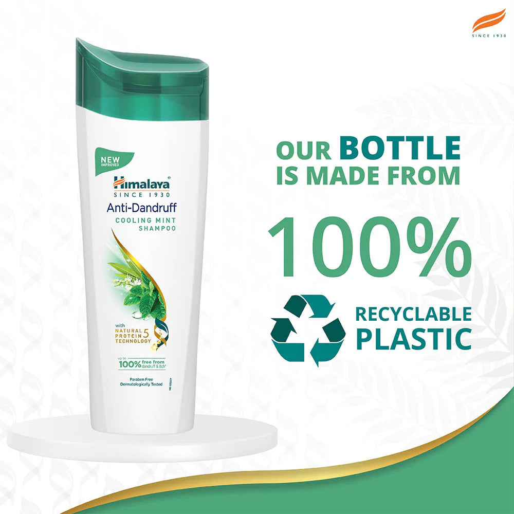 Himalaya Anti-Dandruff Shampoo bottle with recyclable plastic message on a white background
