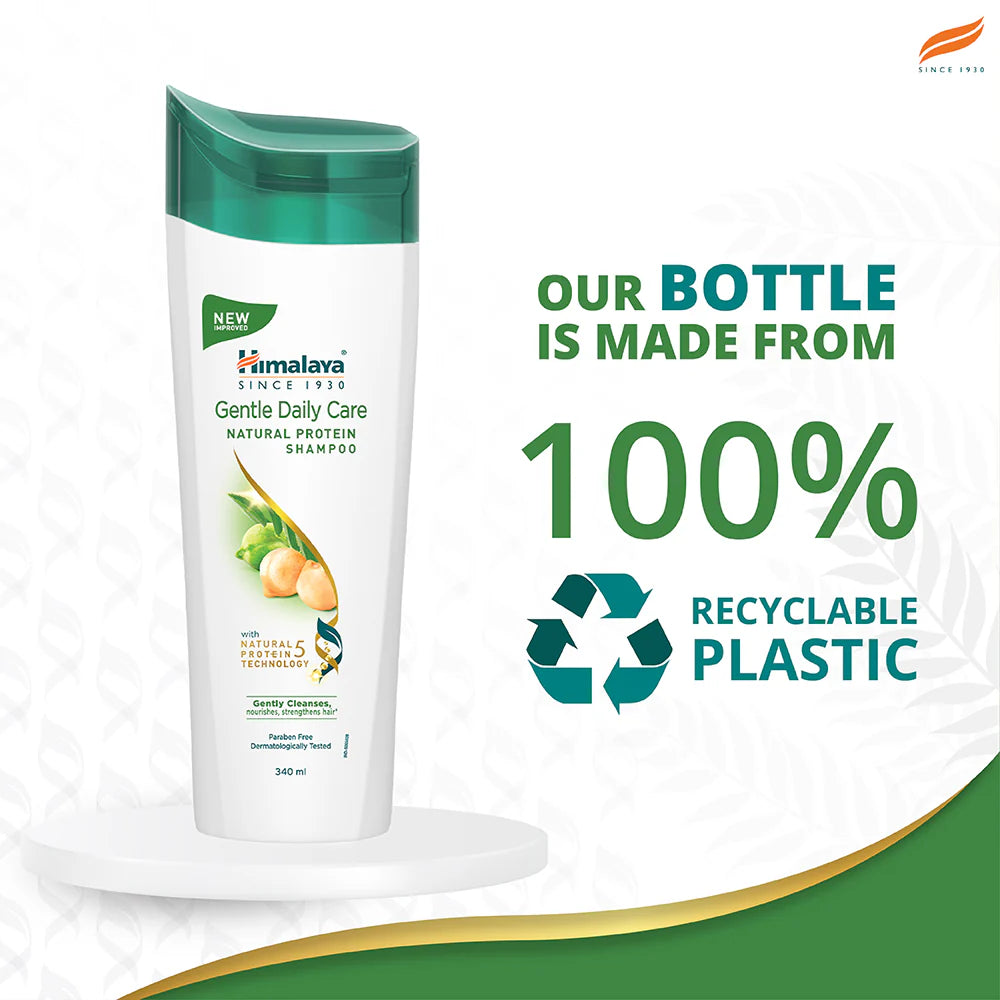 Himalaya Gentle Daily Care Shampoo bottle with recyclable plastic message on a white background