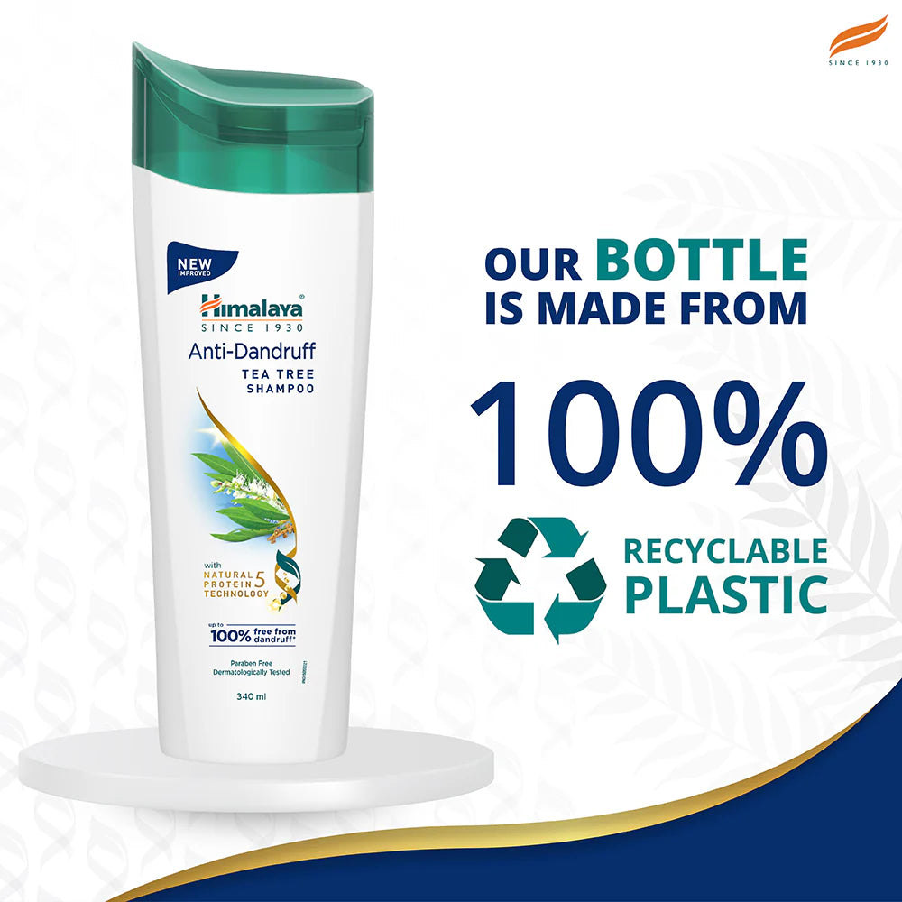 Himalaya Anti-Dandruff Shampoo bottle with recyclable plastic message on a white background