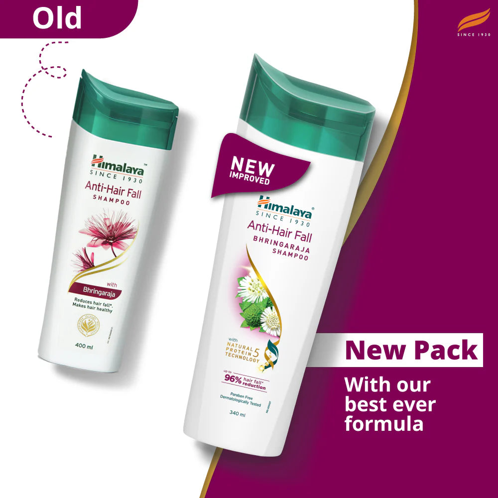 Himalaya Anti-Hair Fall Shampoo bottles, one old and one new, on a purple background.