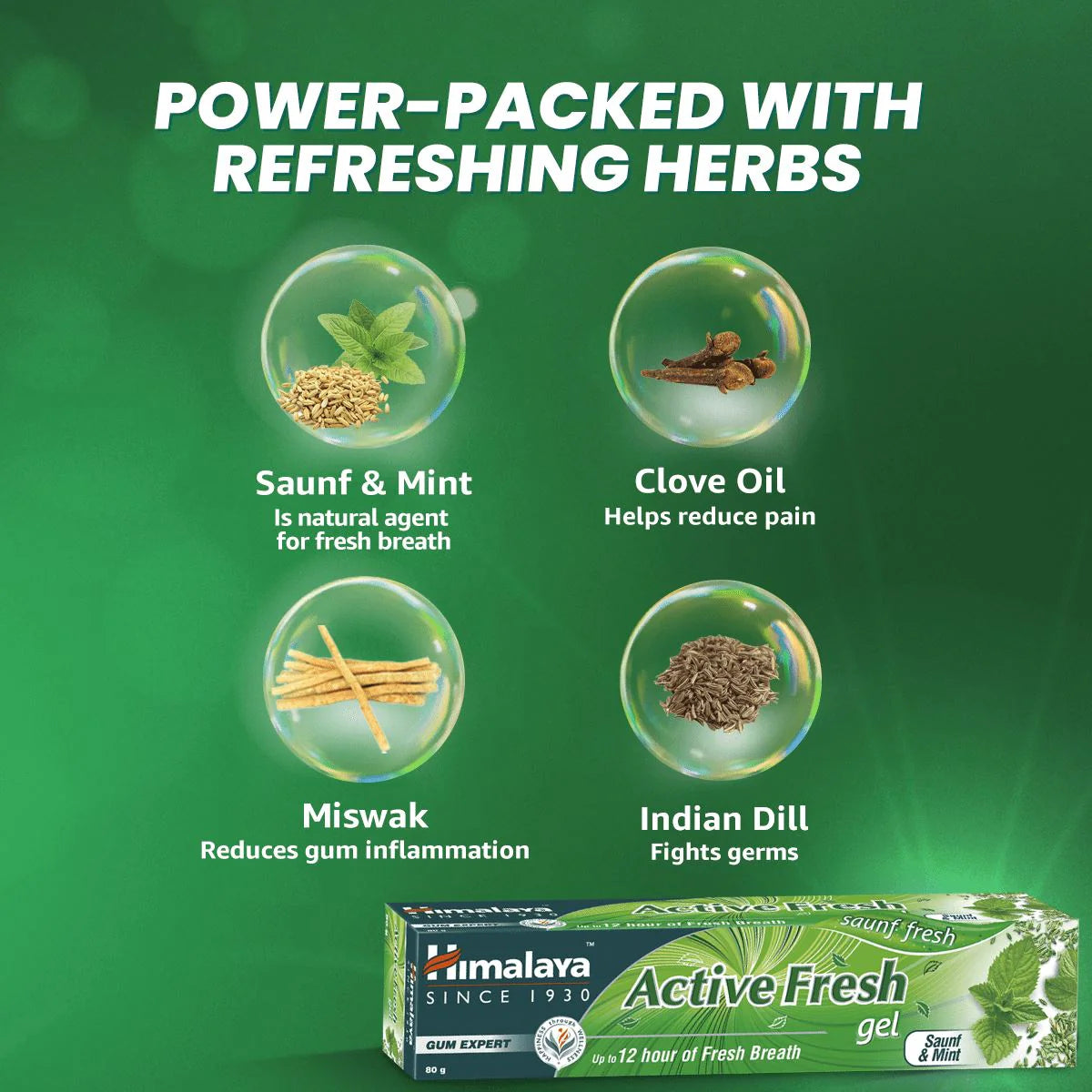 Himalaya Active Fresh gel packaging with ingredients on a green background
