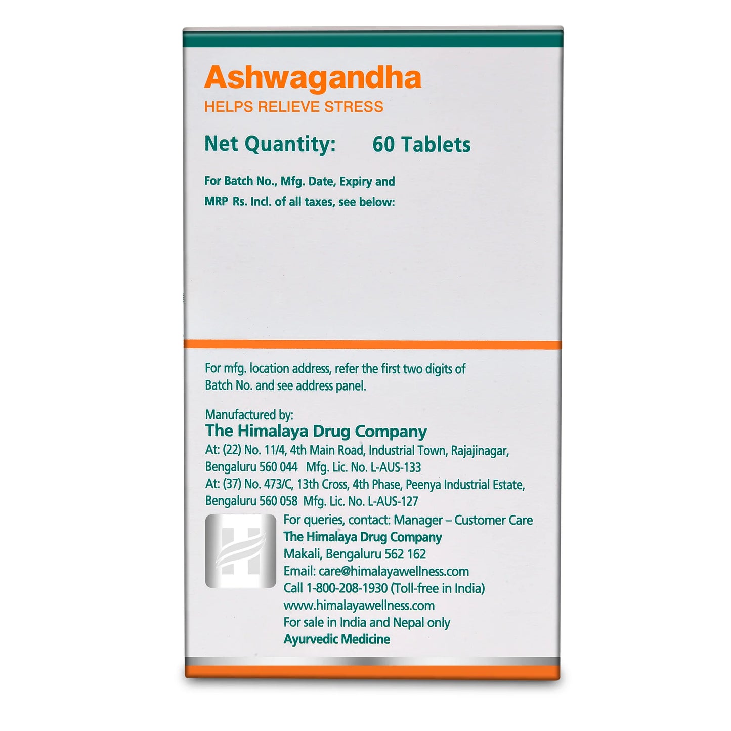 Box of Ashwagandha tablets with product details on a white background