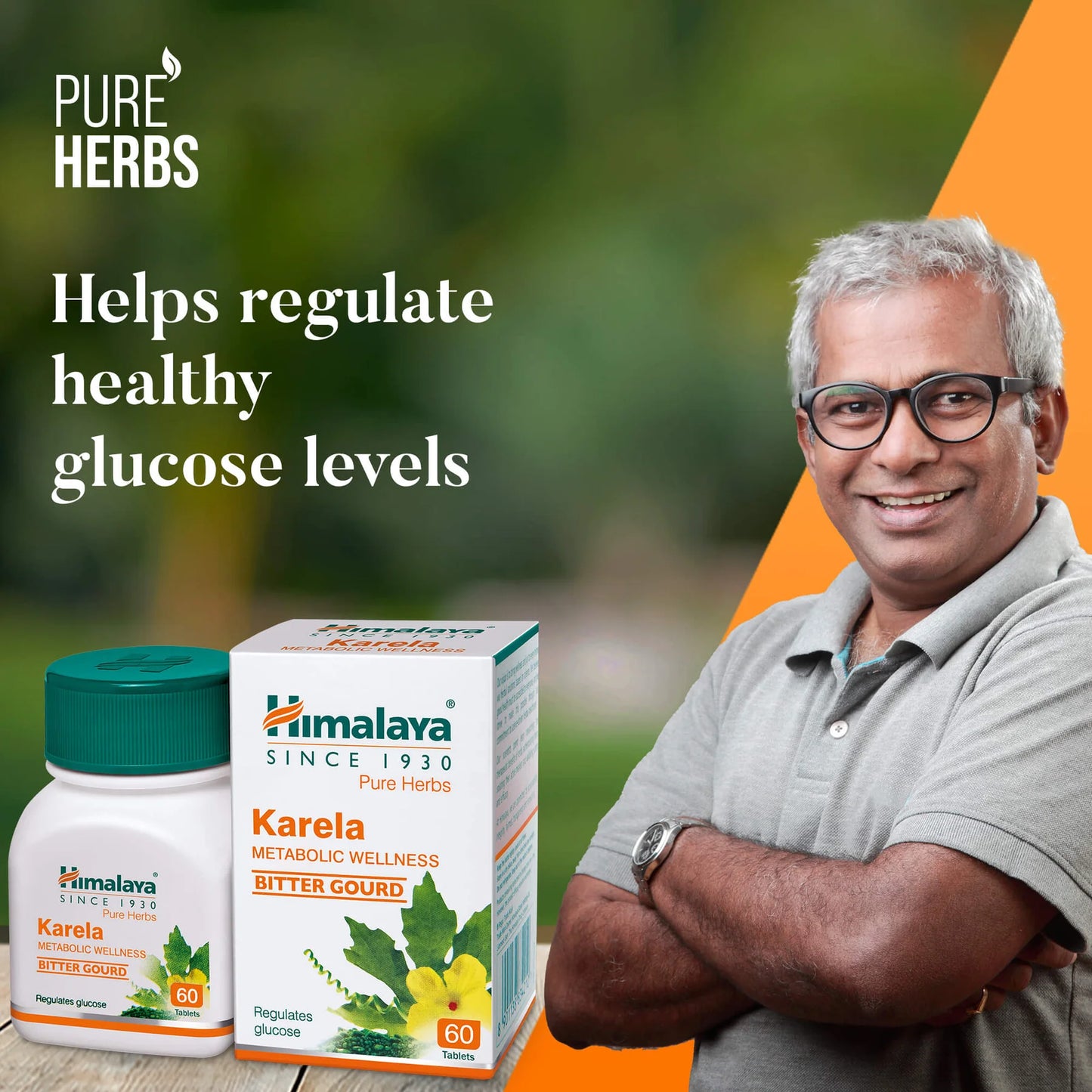 Himalaya Herbals Karela product with a man standing in front, promoting its benefits for regulating glucose levels.