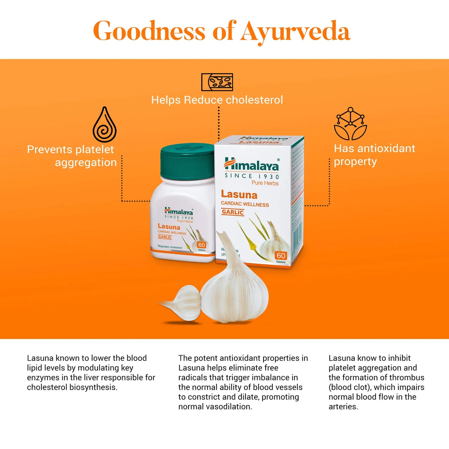 Himalaya Lasuna Garlic supplement packaging on an orange background with text about its benefits.