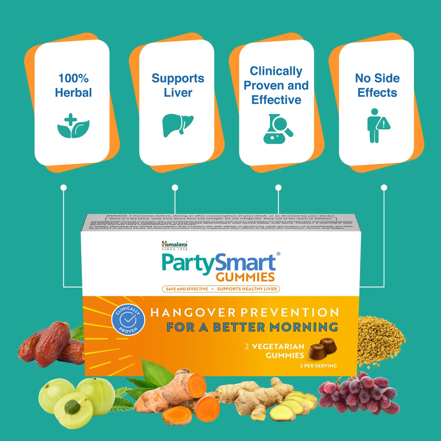 PartySmart Gummies hangover prevention gummies packaging with ingredients on a teal background