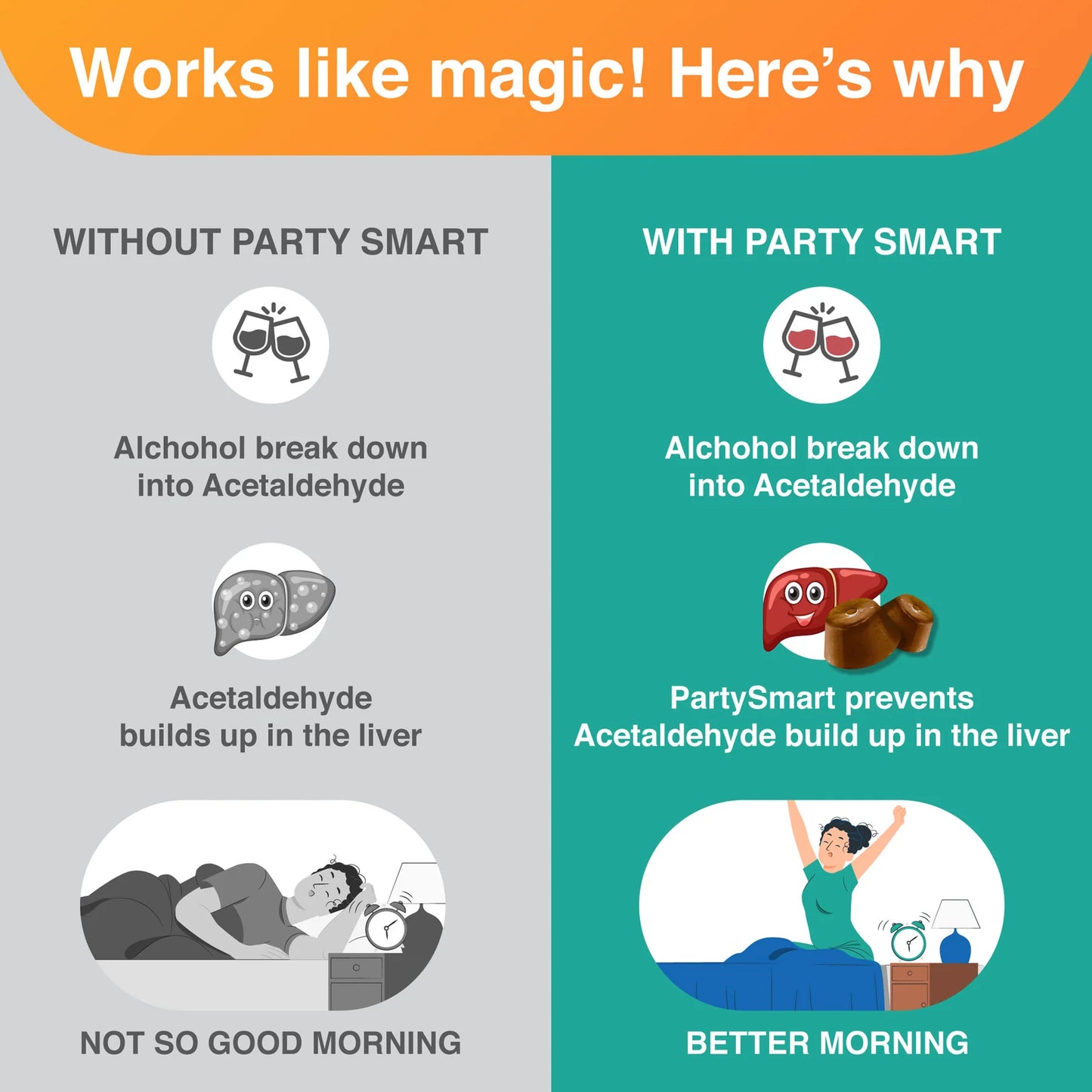 Comparison chart showing effects of Party Smart on alcohol breakdown and liver health.
