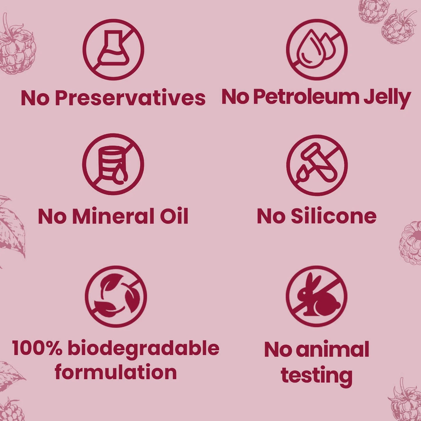 Product label with icons and text on a pink background