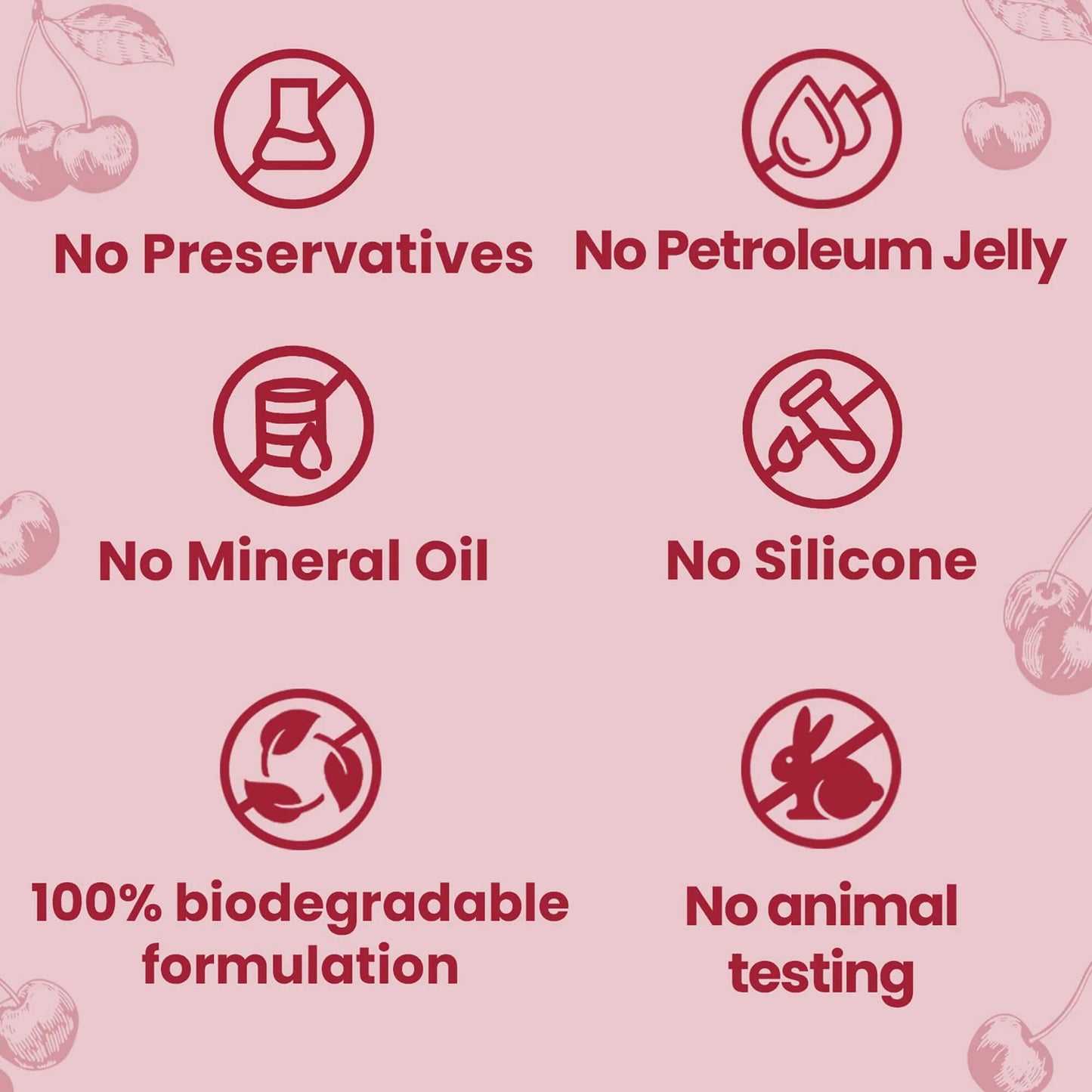Product label with icons and text about ingredient-free and eco-friendly product formulation on a pink background.