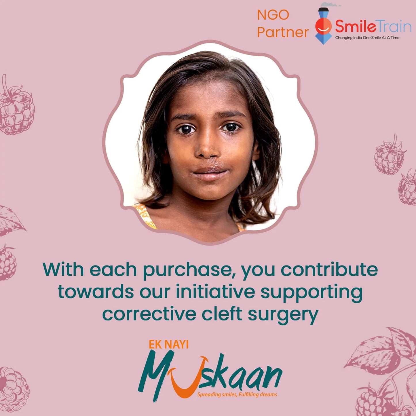 Young girl's portrait with promotional text for a cleft surgery support initiative on a pink background