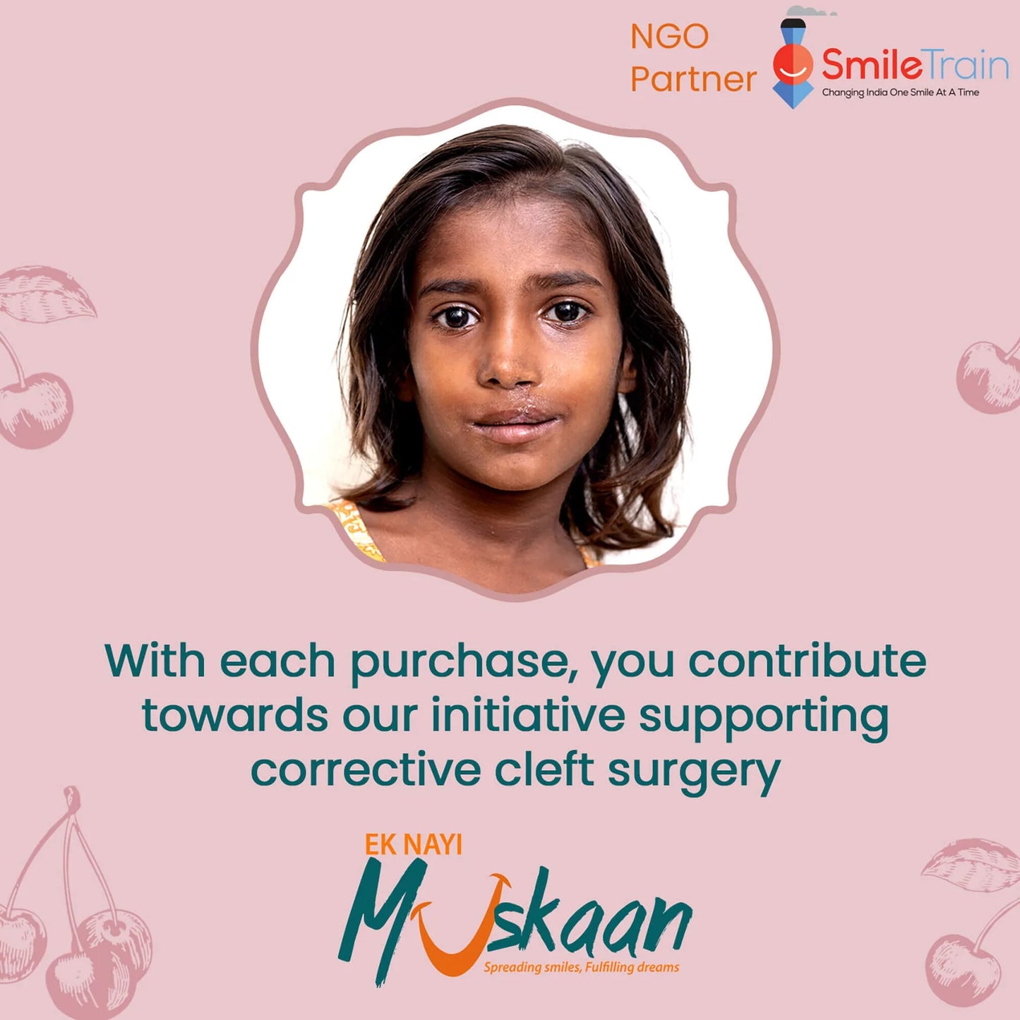 Advertisement featuring a young girl with text about supporting corrective cleft surgery initiatives on a pink background.