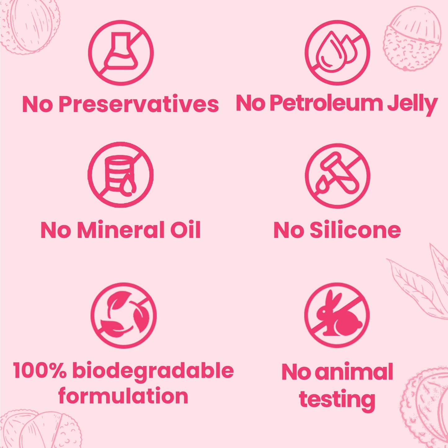 List of product ingredients with icons and text on a pink background