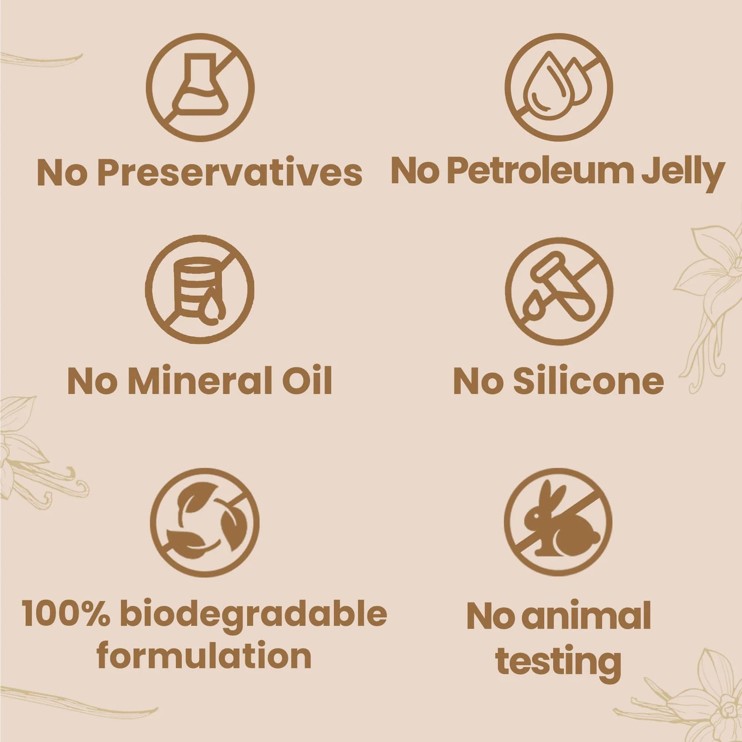 List of product ingredients and claims on a beige background with icons.