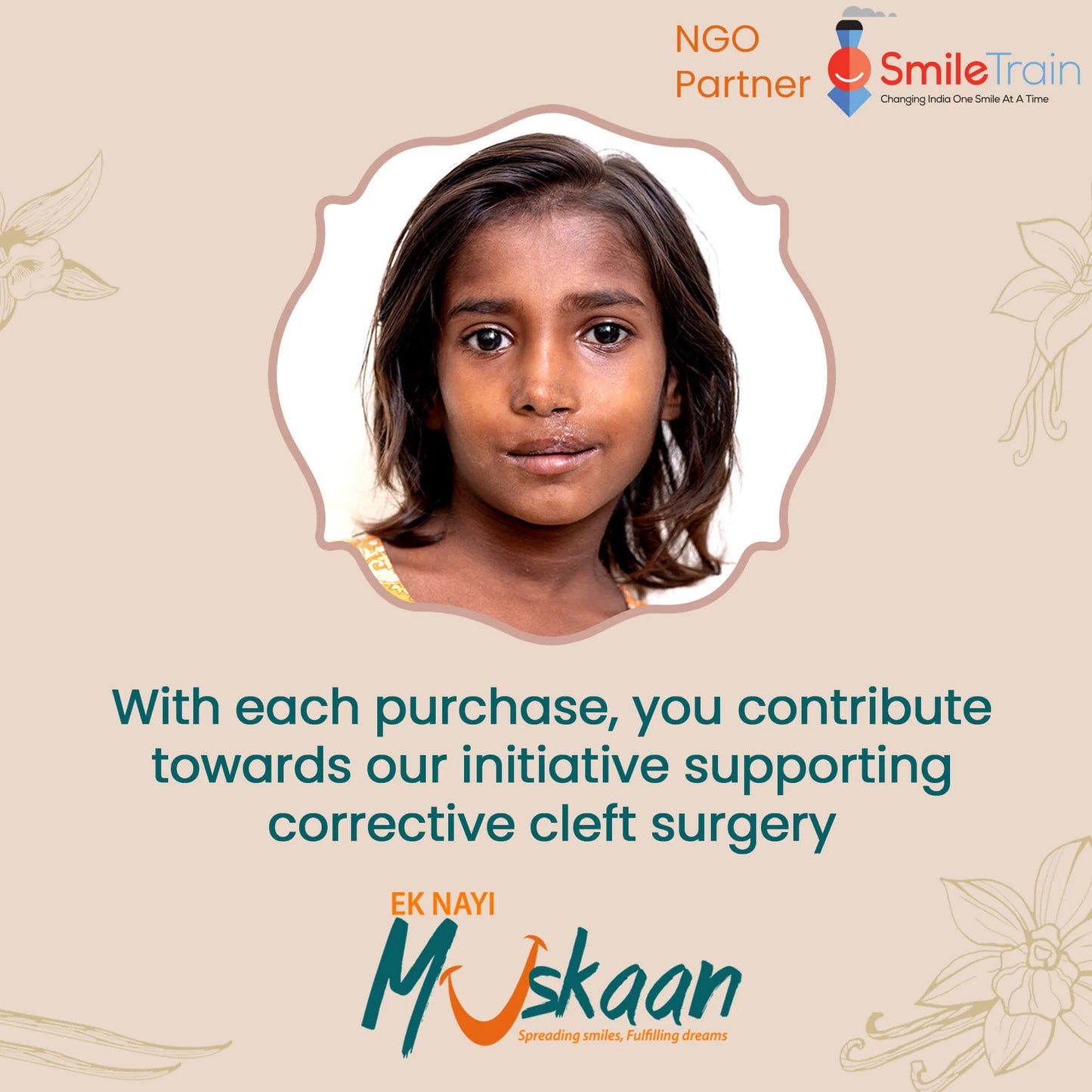 Advertisement featuring a young girl with text about supporting corrective cleft surgery initiatives.