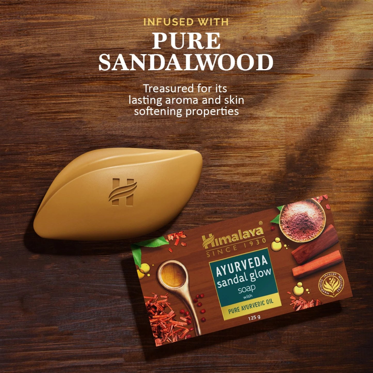 Himalaya Ayurveda Sandal Glow soap on a wooden background