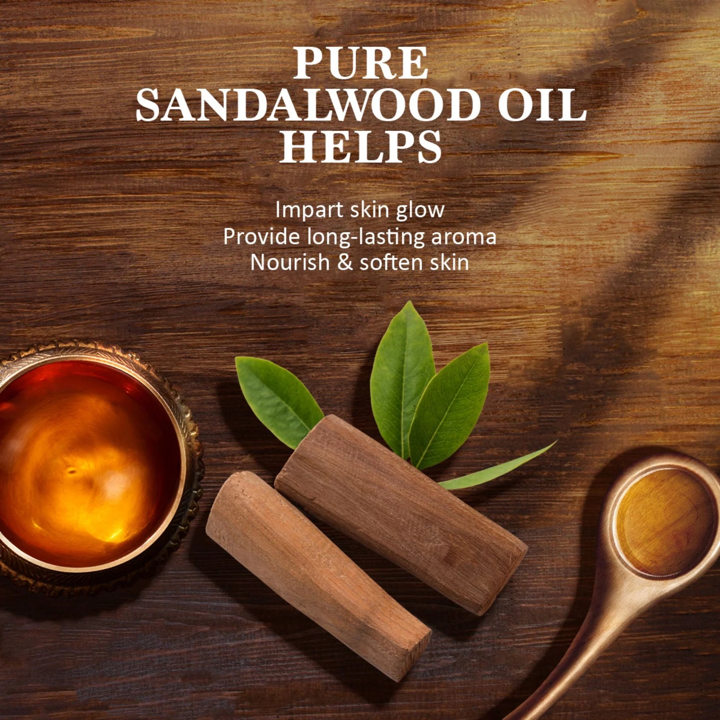 Pure sandalwood oil with sandalwood sticks and leaves on a wooden background