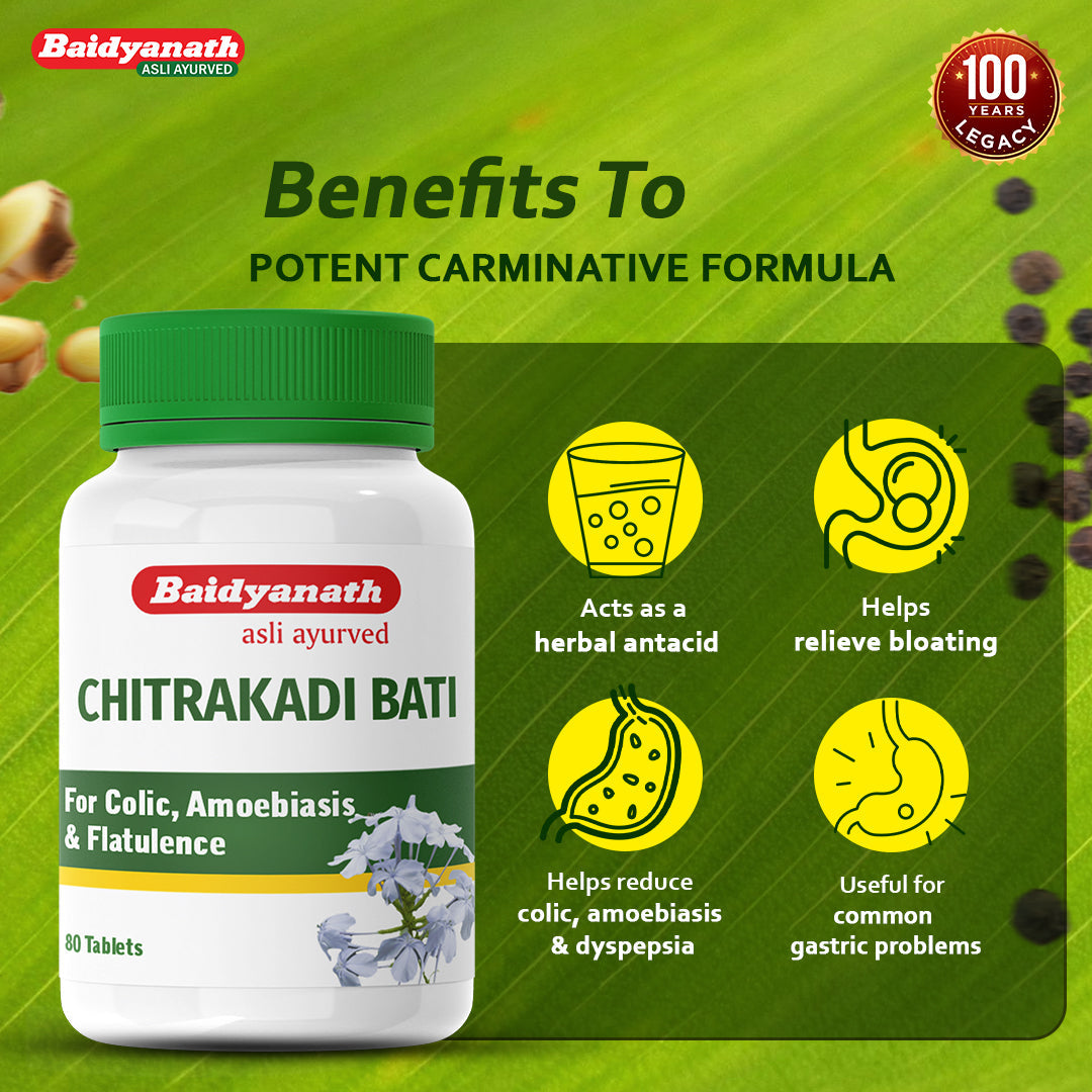 Baidyanath Chitrakadi Bati â€“ Ayurvedic Digestive Tonic Helps Relieve Gas, Acidity & Indigestion - 80 Tablets
