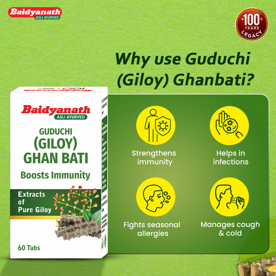 Baidyanath Guduchi Ghan Bati – Ayurvedic Immunity Booster Supports Respiratory & Liver Health 250 mg – 60 Tablets