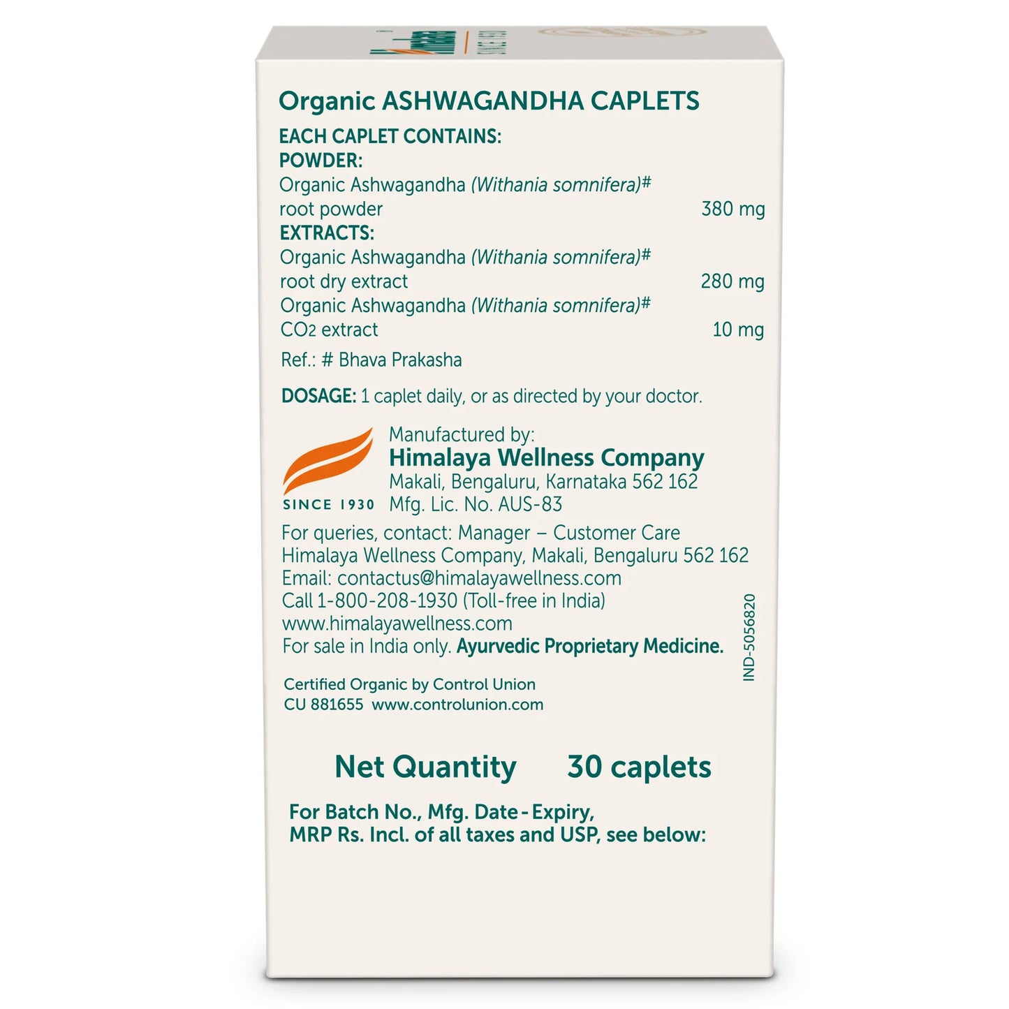 Box of Organic Ashwagandha Caplets with product details on a white background