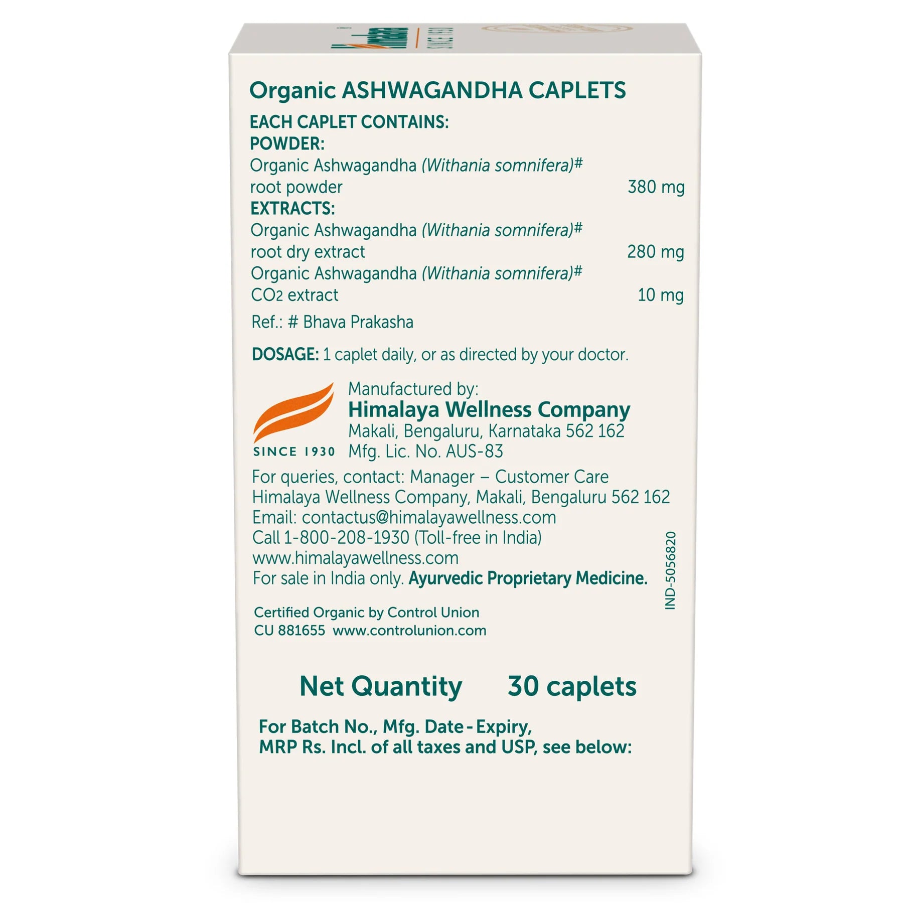 Himalaya Organic Ashwagandha 30 Caplets