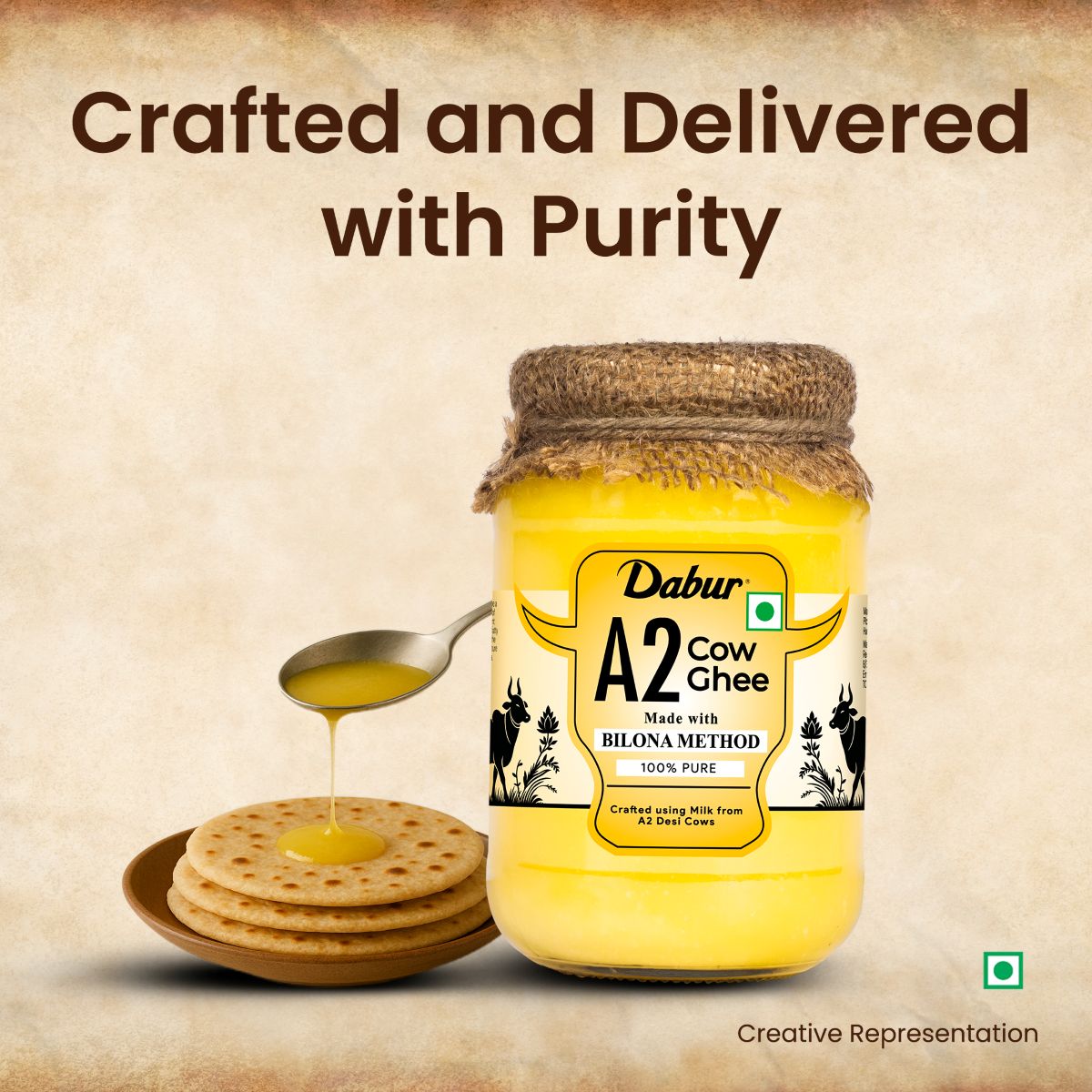 Dabur A2 Cow Ghee | Rich in Vitamin A & Antioxidant | Bilona method | Helps balance Vata & Pitta Dosha | Made from desi cows Milk 500ml